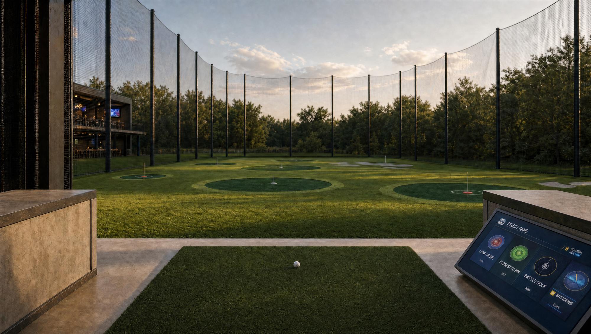 A hitting bay looking out over a lit range at dusk