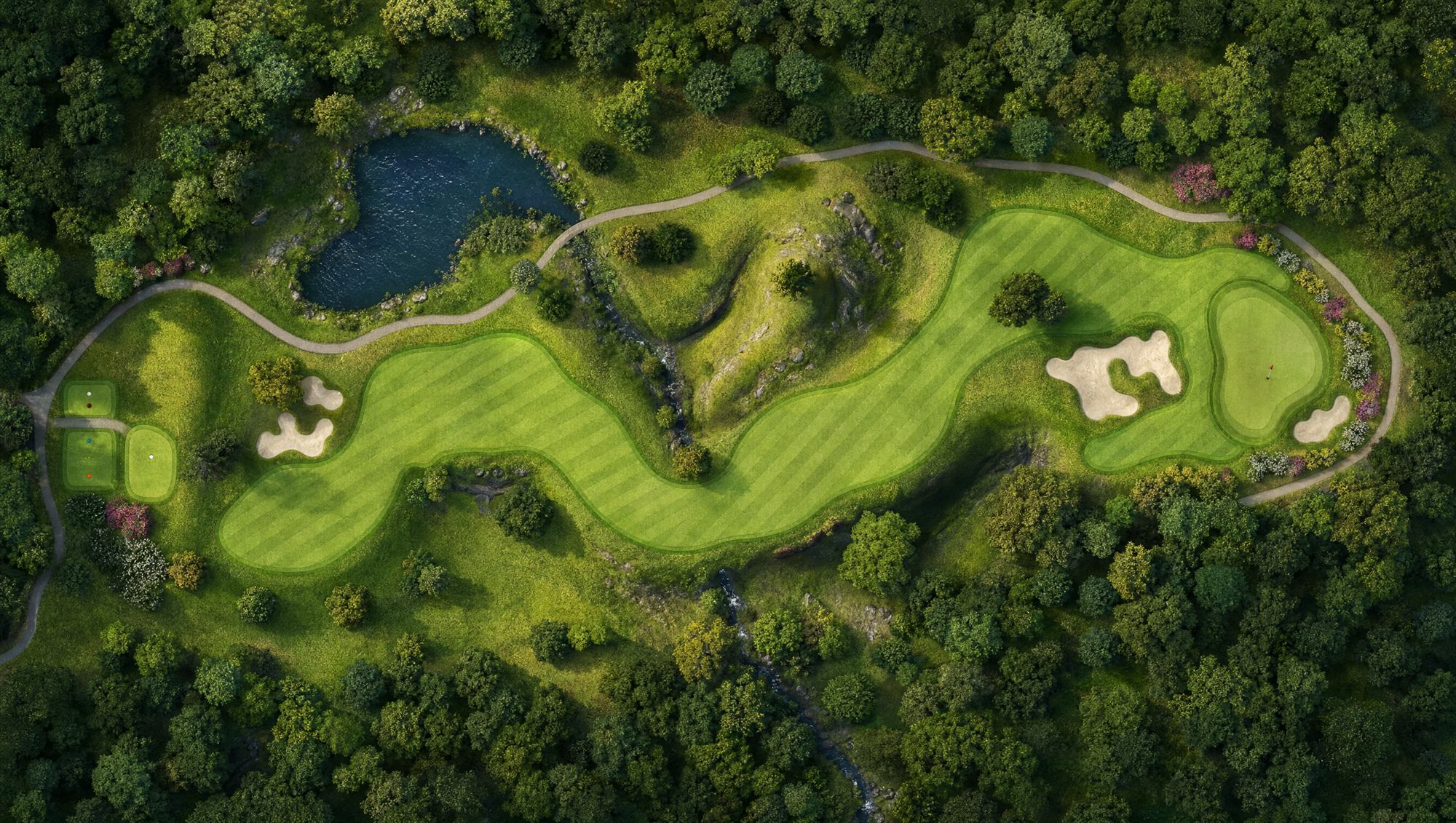 Aerial view of a golf hole from tee to green, marked with the four phases of the 90 day plan